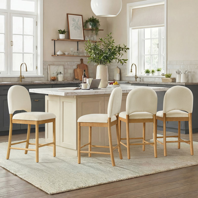 Paterson Curved-Back Armless Fabric & Counter Stool with Solid Wood Frame, Beige, 4