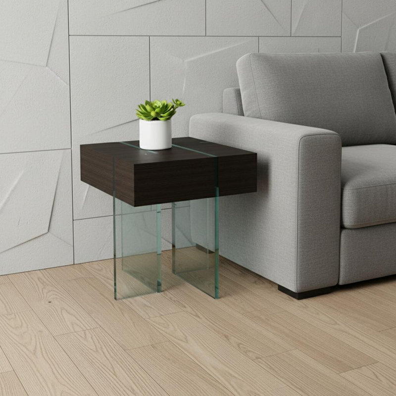 Table de bout carrée 22 "en bois et verre transparent noir et transparent
