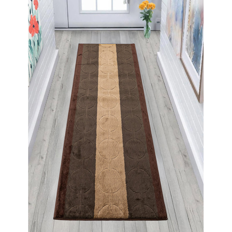 Antibacterial Soft Pile Anti Slip Indoor Runner Rug Geometric Circles Beige Design for Hallway Stairway, Runner 2'6" x 11'