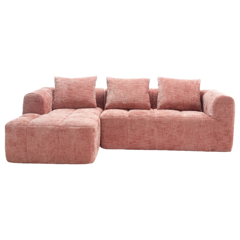 Modular Sectional Sofa, L-Shaped Sofa With Small Side Pockets, Pink Chenille