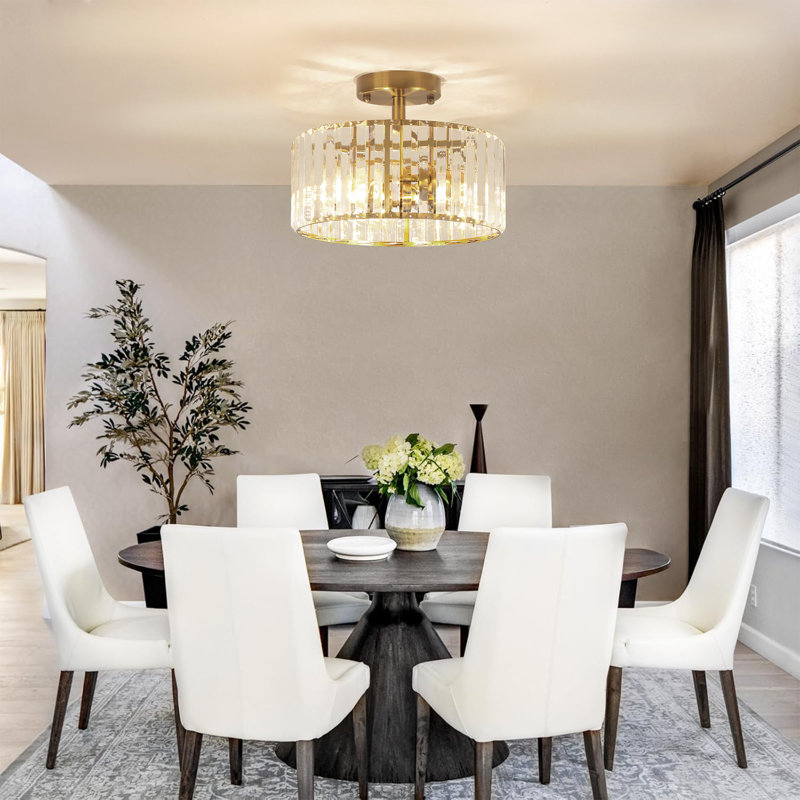 11" Gold and Crystal Drum Semi Flush Mount Ceiling Light Fixture