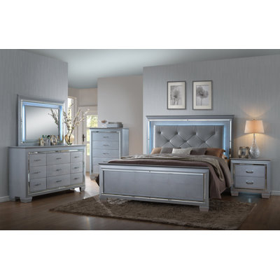 Ibhan Silver LED Upholestered Bedroom Set Special 5 Bed Dresser Mirror Nightstand Chest -  Rosdorf Park, 936C28C41D3E4AE1A262E429139933DE