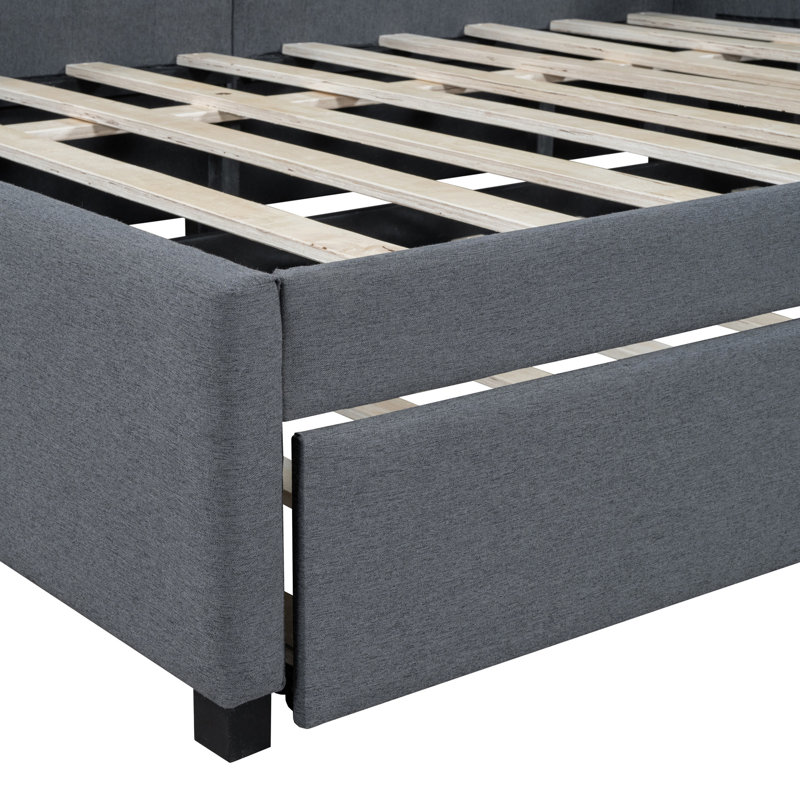 Lit de jour en tissu de lin gris avec lit gigogne, aucun sommier tapissier requis, conception classique pour une structure stable et un lit double gris robuste et robuste