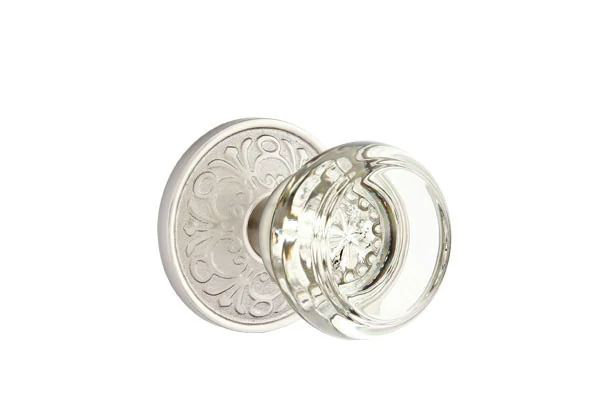 Ensemble de mortaise intérieure Emtek Passage avec rosette Lancaster et bouton de verre Georgetown (droit), Nickel satiné