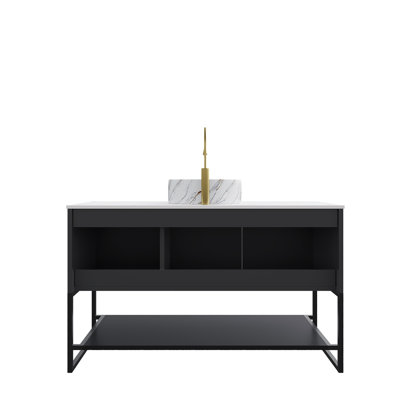 Meuble-lavabo de salle de bain 48 po, armoire de rangement autoportante avec 3 portes et tablette ouverte, lavabo rond en céramique blanc brillant avec motif en pierre et plateau en pierre frittée blanc de Carrare