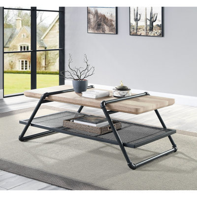 Table basse rustique avec couleurs chêne et gris sable - Structure, bois composite pour le décor de la maison, plateau en métal