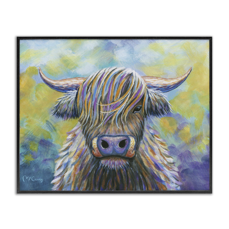 Giclée Highland Cow, avec des cheveux vibrants, conception de Jadei, H 11 po x l 14 po, Giclée encadrée noir minuit