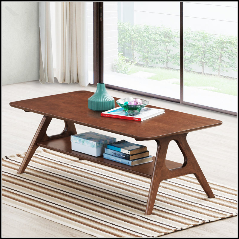 Table basse Arona de style Mid-Century moderne en bois avec tablettes, durable et élégante