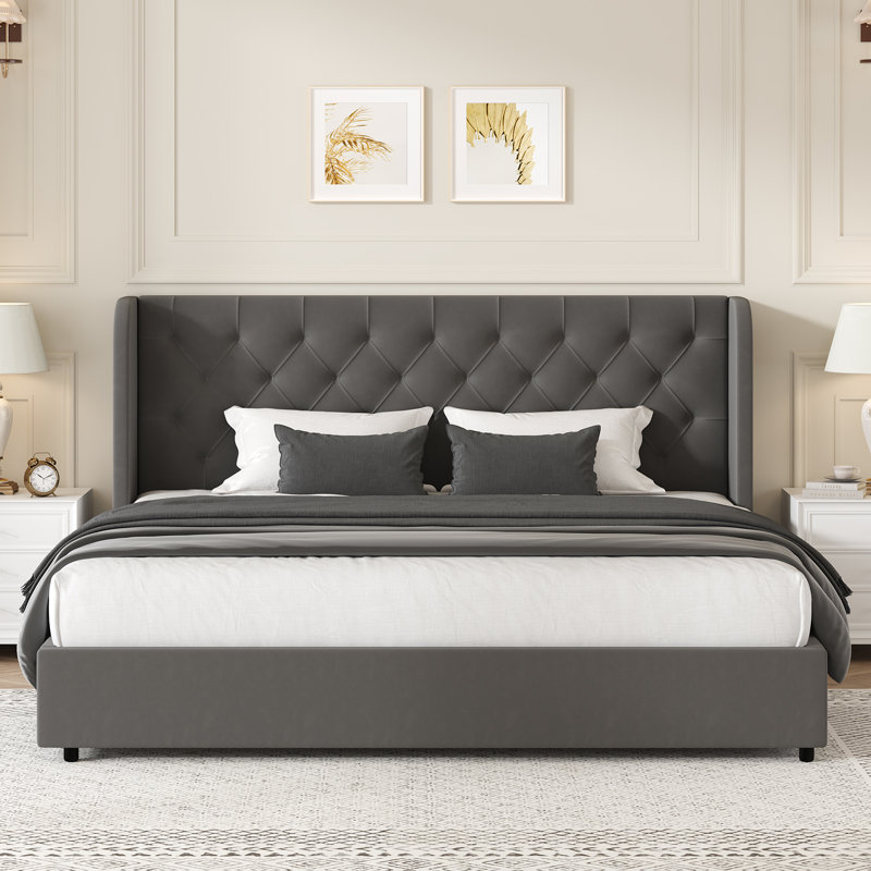 Lit plateforme tapissier Kewania Bedback, Gris, Très grand lit