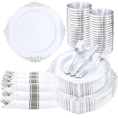 350 pièces d'assiettes en plastique - Services de vaisselle en plastique argentés pour 50 invités - 100 assiettes jetables en argent, 150 couverts en plastique, 50 tasses, 50 serviettes de table pour le mariage et la fête