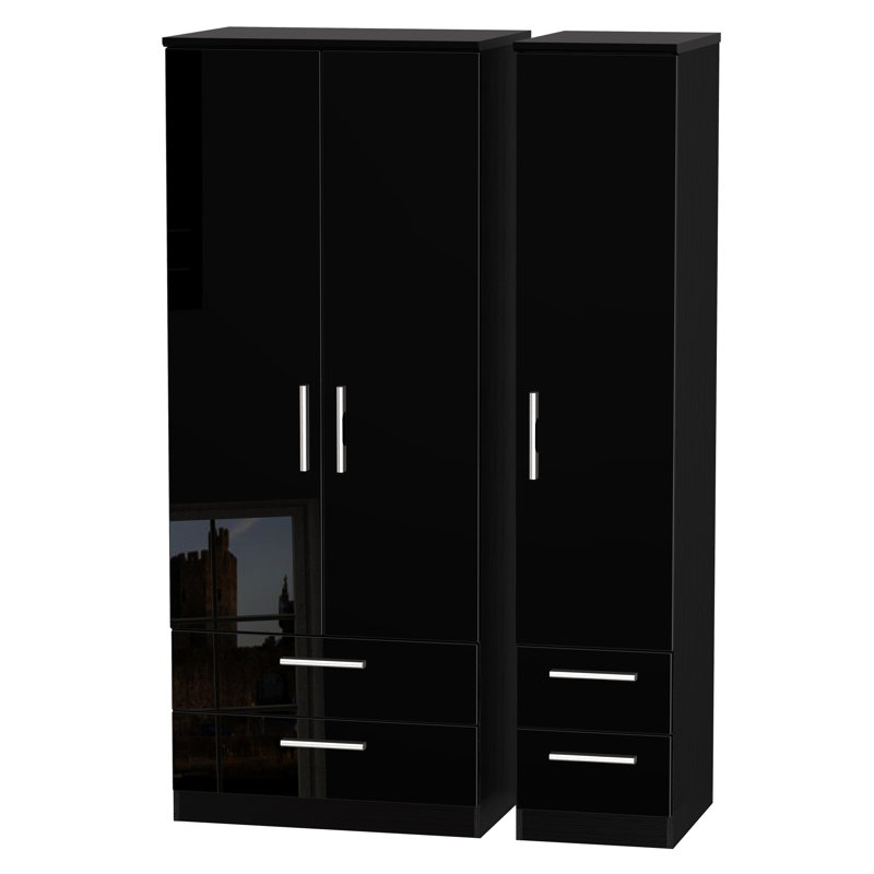 Yvette 3 Door Manufactured Wood Wardrobe, 182.5 cm H x 111 cm W x 53 cm D, Black