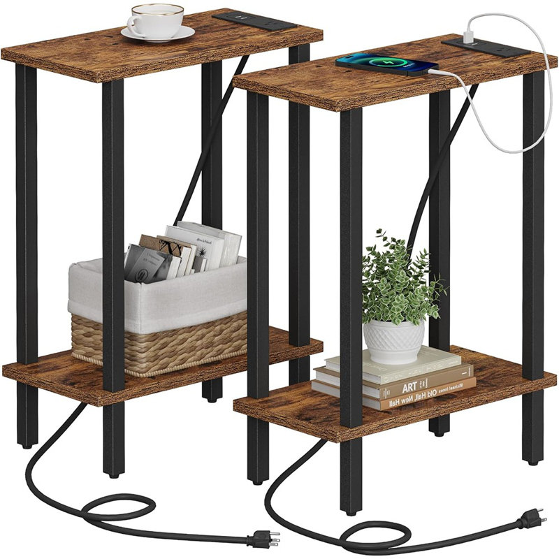 Petite table de bout avec station de charge, table d'appoint étroite avec ports et prises USB, ensemble de 2, table de canapé Skinny, table de chevet mince, salon, chambre à coucher, brun TB01BB0602