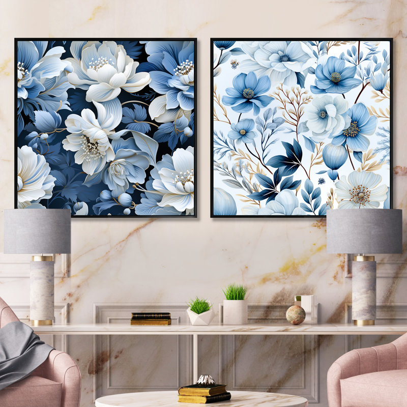 Fresnes - Ensemble de 2 collages floraux carrés, Cadre flottant noir, H 16 po x l 33 po