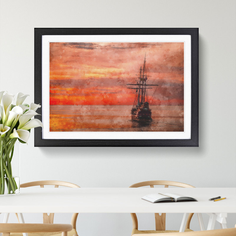Ship at Sunset - Picture Frame Graphic Art, 36cm H x 48cm W x 2cm D, Black Framed