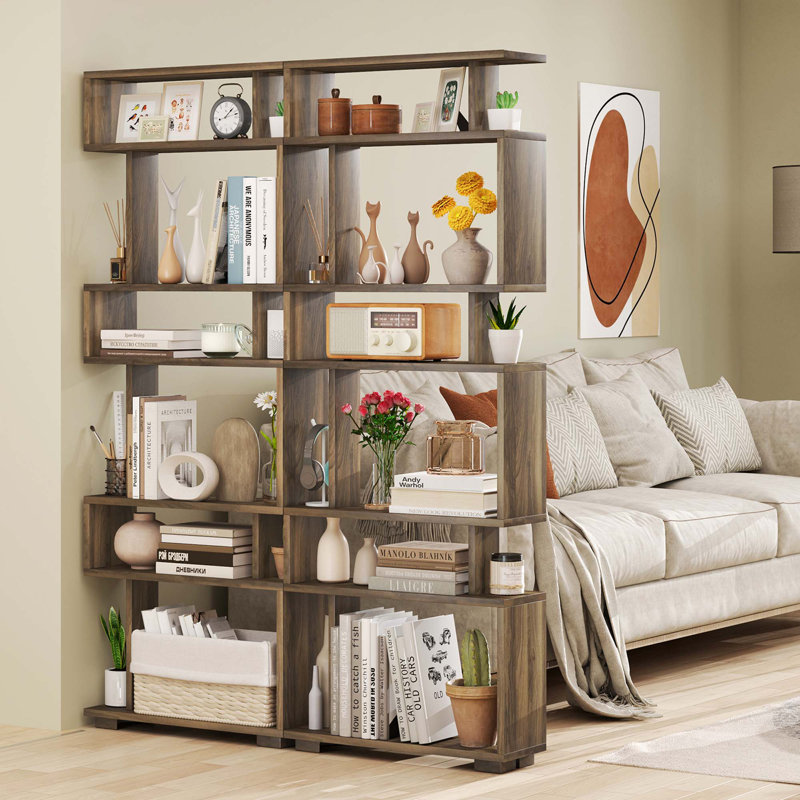 2 PCS Bookcase 6-Tier Bookshelf with Anti-Tipping Kit Freestanding Display Shelf , Brown