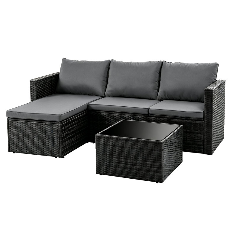 Harbaugh Wicker 3 - Person Patio Conversation Set with Cushions, Gray/Black
