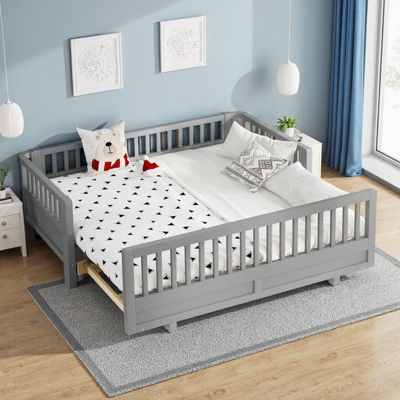 Base de lit convertible simple à double - lit plateforme en bois massif avec garde-corps gris, Gris, Lit simple