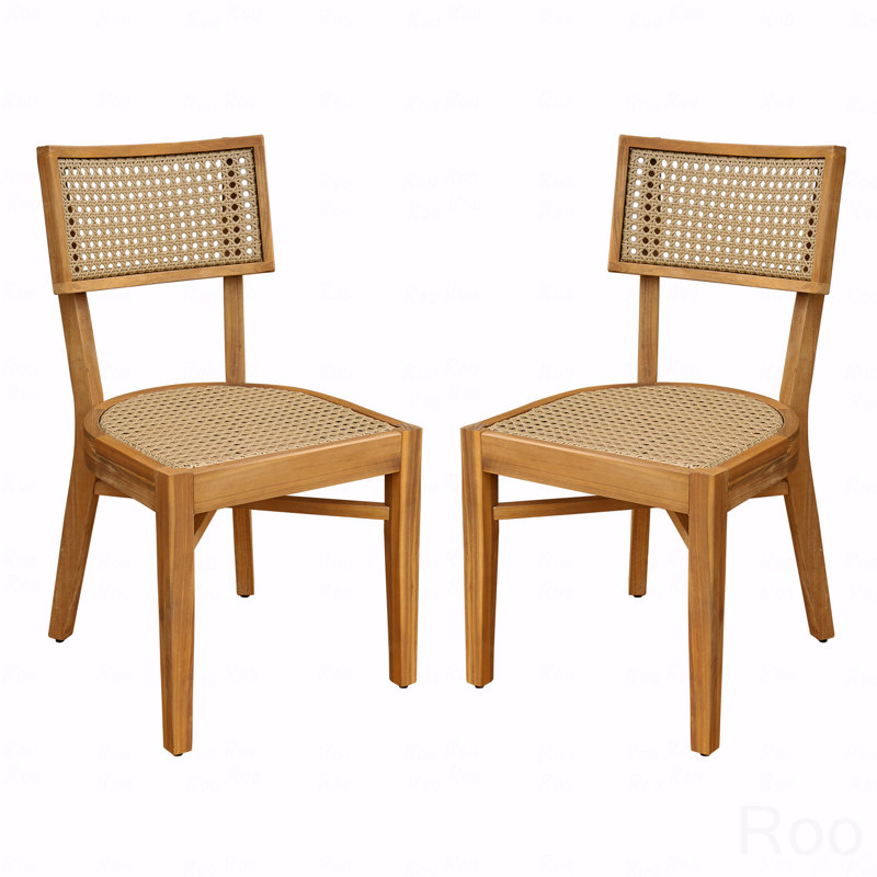 Outdoor Patio Dining Chair, Acacia Wooden With Light Brown PE Wicker