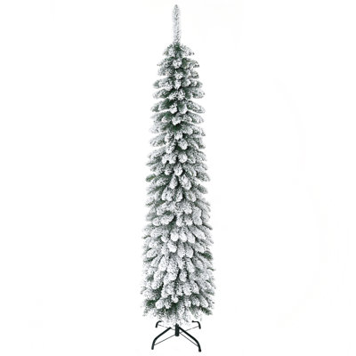 6' Tall Unlit Snow Flocked Artificial Christmas Tree, Slim Pencil Xmas Tree With Realistic Branches And 395 Tips, Green