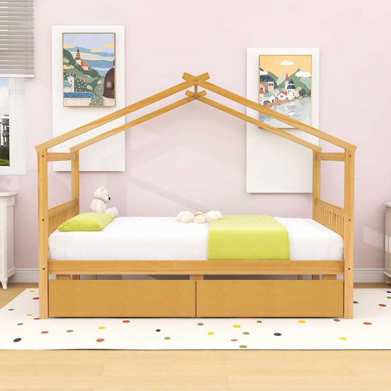 Lorentzen Full 2 Drawers Wood House Bed, Natural