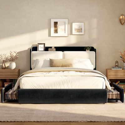 Chenille Upholstered Full Platform Bed Frame with Recessed Storage Shelf – Noise-Free, Easy Assembly, Rounded Corners, No Box Spring Needed – Black + modern minimalist style style