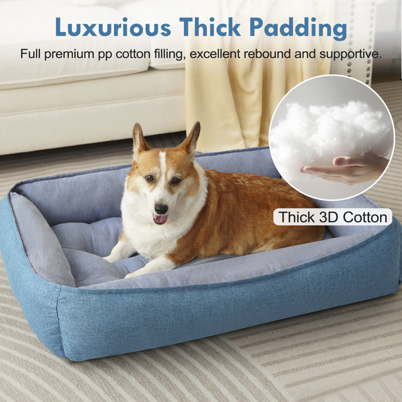 Large Blue Linen Rectangle Pet Bed with Bolster Cushion