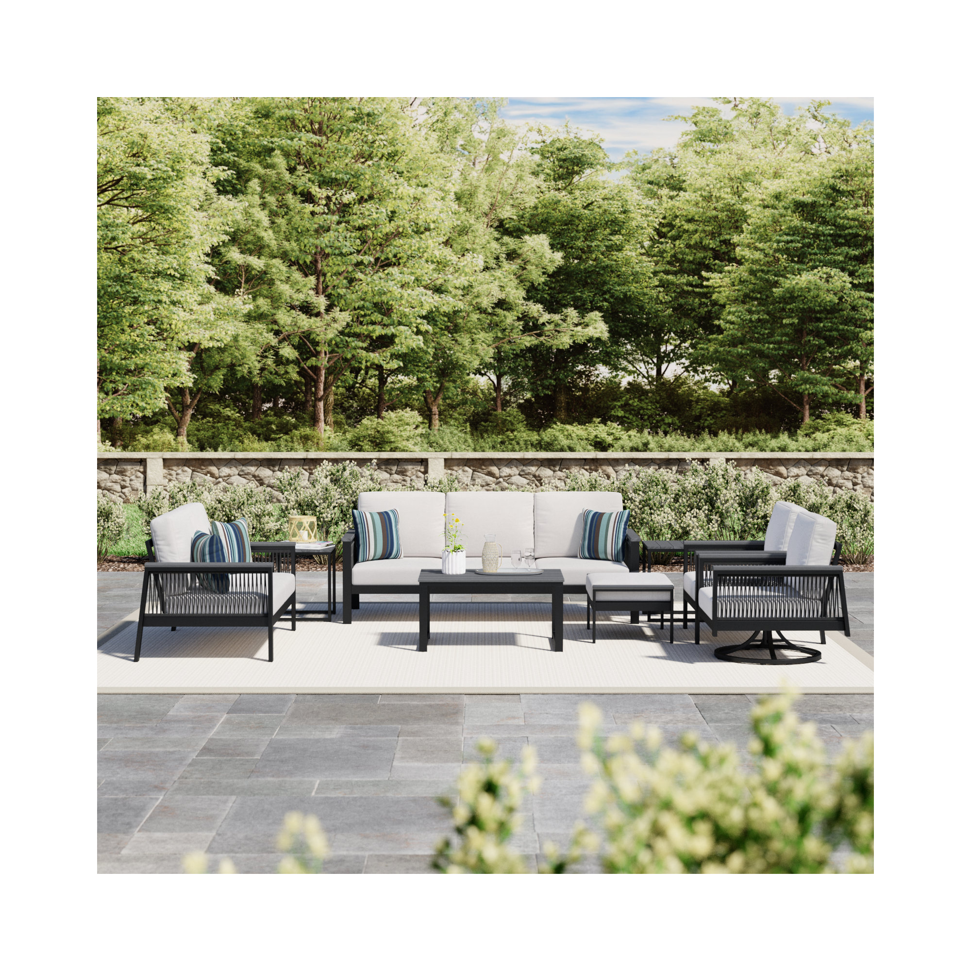 Townsend 7 - Person Outdoor Seating Group with Sunbrella Cushions, Canvas White/Rope Gray