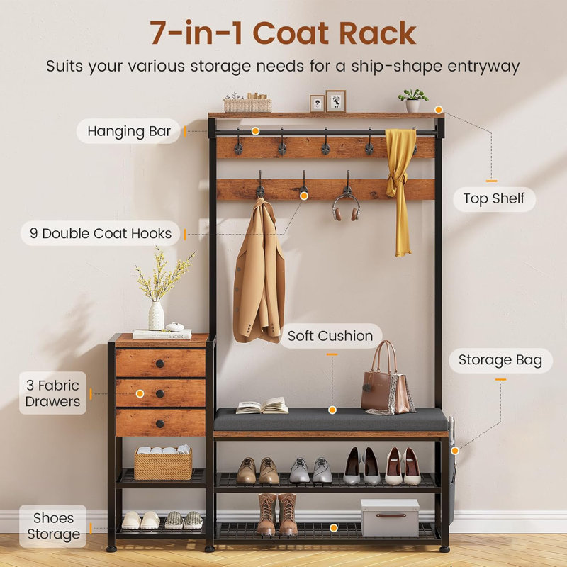 Hall Tree With Bench And Shoe Storage,7-in-1 Entryway Bench With Coat Rack, Hall Tree With Storage Bench, Hangrod And 9 Hooks