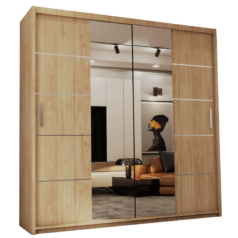 Burgues 2 Door Laminate Wardrobe, 217cm H x 203cm W x 62cm D, Oak