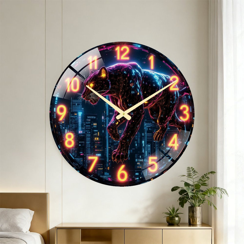 Neon Panther Wall Clock Art - 24‘’ Modern Glass Wall Clock