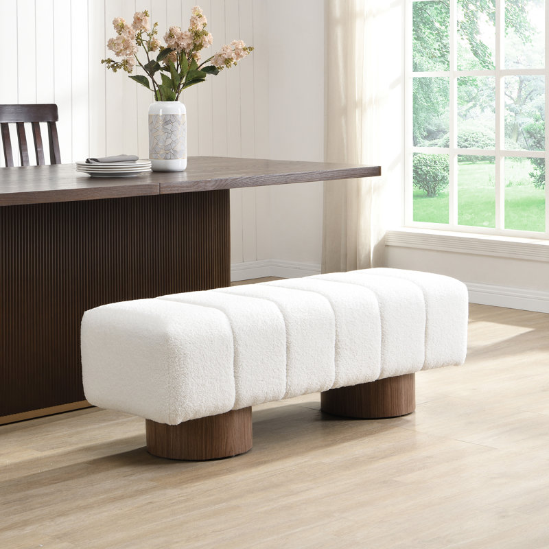 Marlon Dining Bench With Wooden Base, Beige, 17" H x 49" W x 16.75" D