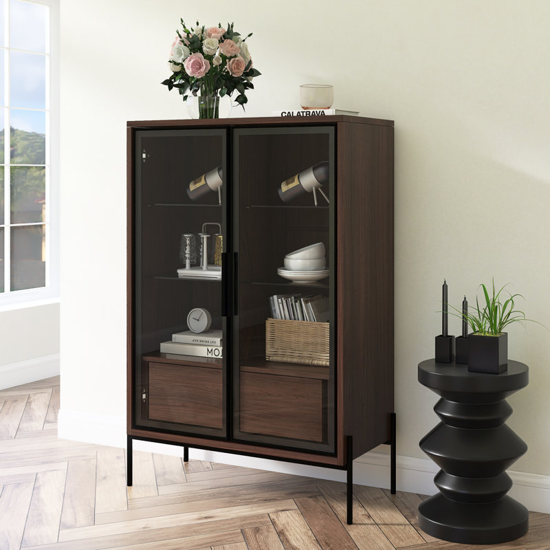 51.2'' Tall Lighted Display Cabinet With Tempered Glass Door, Metal Legs, Black/Brown