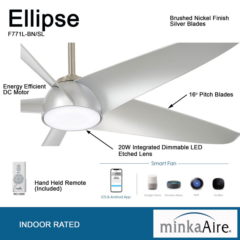 60" Ellipse 5 -Blade LED Smart Standard Ceiling Fan with Remote Control and Light Kit Included, Silver