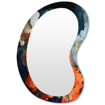 Gencho Blue and orange liquid ink waves IV - Abstract Painting Asymmetrical Wall Mirror, Modern Irregular Shape Decorative Mirror, Printed Metal Art