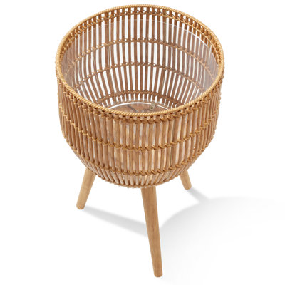 Indoor Planter with Stand, Large Rattan Basket for Plants and Flowers with Wood Legs, Natural