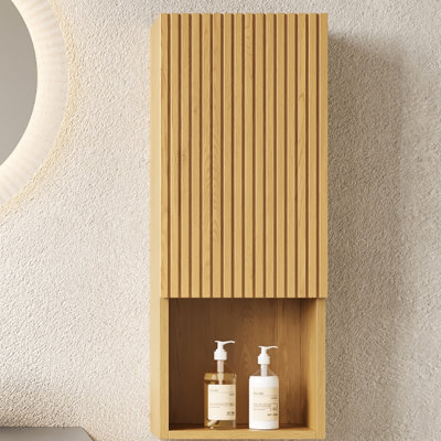 35" Tall Cabinet For Bathroom Wall - Narrow With Door And Shelves In Oak , Fits Small Spaces Well Storage Tall, Mounted Space Demands