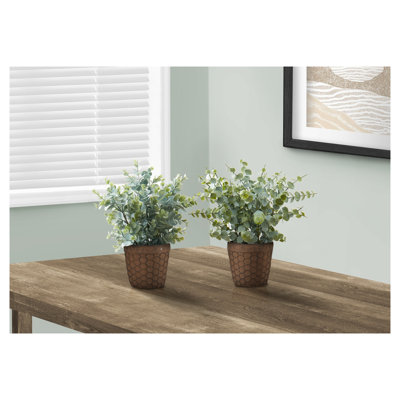 Artificial Plant, 13" Tall, Eucalyptus Grass, Indoor, Faux, Fake, Table, Greenery, Potted, Set Of 2, Decorative, Green Leaves, Brown Pots