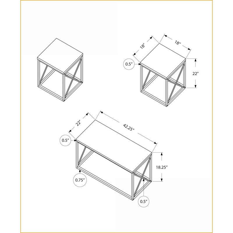 Ensemble de tables basses modernes 3 pièces pour le salon, stratifié aspect bois brun Cadre en métal noir robuste Spacieux
