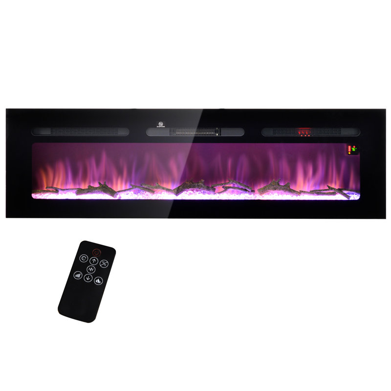 Foyer électrique mural 1500 W: 60 po, minuterie 8H, couleur de flamme réglable, bûche et cristal, silencieux, écoénergétique, foyer en acier noir: 1500 W,