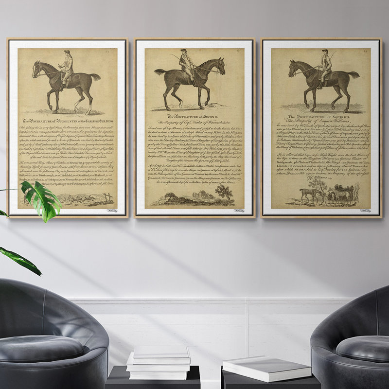 Horse Portraiture IV, ensemble de 3 toiles encadrées, H 27 po x l 54 po, Bois naturel