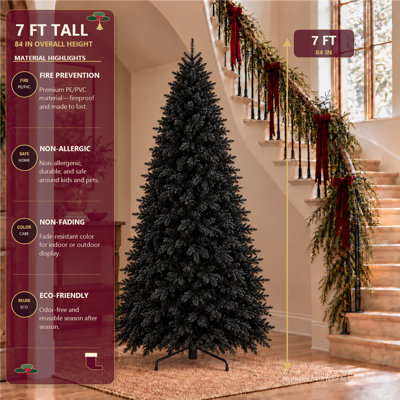 Sapin de Noël artificiel noir de 2,13 m (7 pi) préilluminé avec 450 lumières DEL blanches, 1916 extrémités de branches en PE et PVC, sapin de Noël articulé avec support en métal robuste pour la décoration intérieure des fêtes à la maison