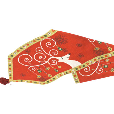 Red Tapestry With Reindeer And Ornaments Table Runner