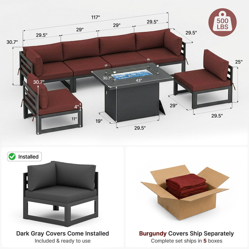 Tuyen 7-Piece 6-Person Outdoor Patio All-Aluminum Sectional Conversation Set with 60,000 BTU Fire Pit Table and 4" High-Resilience Foam Cushions