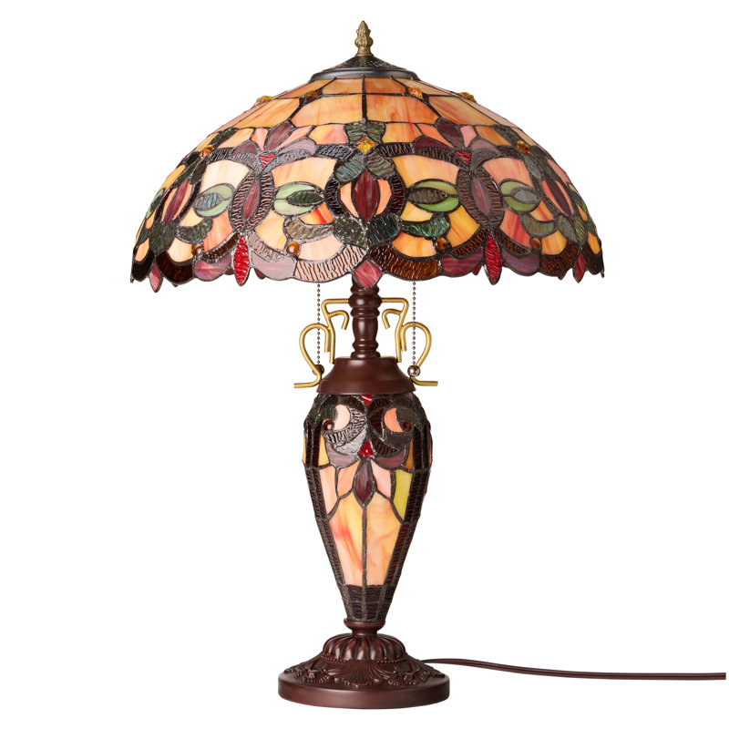 24.5"H Victorian Amber Dome Shade Double Lit Tiffany-Style Stained Glass Table Lamp, Orange