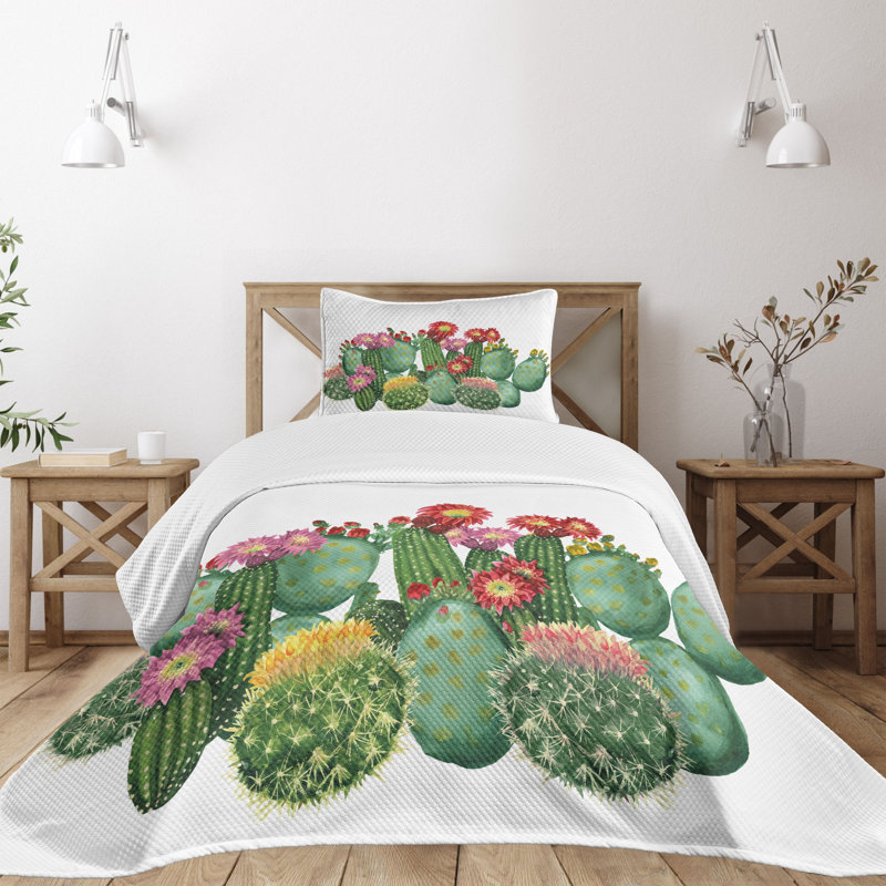 White Twin Kids Unisex Quilted Bedspread Set with Cactus Design