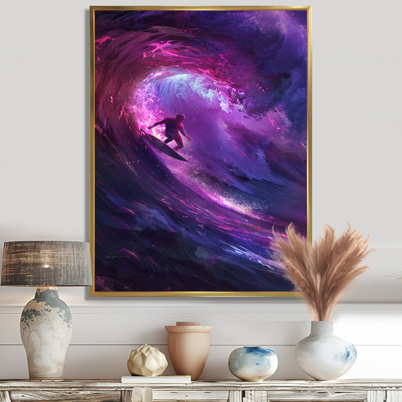 Surfeur au milieu d'une vague de coucher de soleil mauve - Surf, art mural, salon, Cadre flottant doré