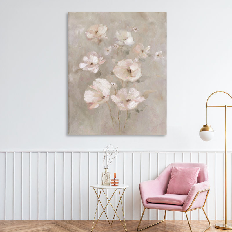 Fleurs rosées sur toile beige, design par Carol Robinson, H 48 po x l 36 po