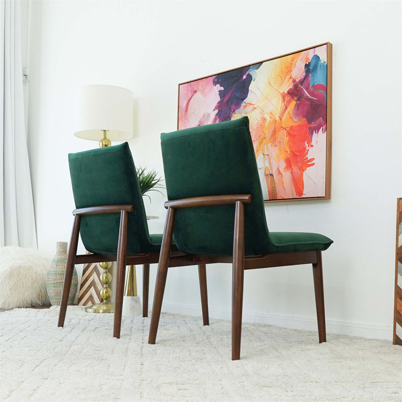 Ensemble de chaises de salle à manger en velours vert foncé Monza, design moderne Mid-Century avec pieds en bois massif pour plus de confort