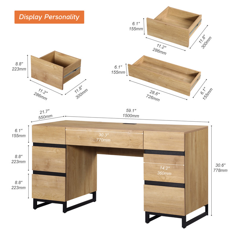  Office Furniture Set: 59In Modern Executive Desk With Charging Station & Drawers And Two 72In Tall Bookcases With 3 Tiers And 4 Cabinets,Home Office Furniture For Work Study