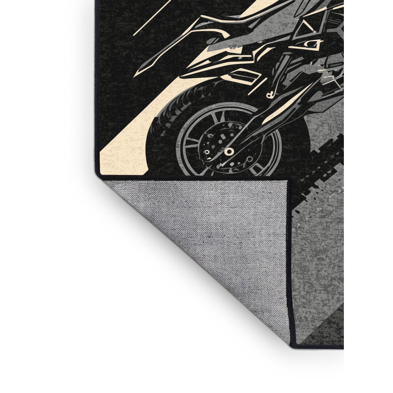 Machine Washable Eldred Cyberpunk Motorcycle Modern Geometric Rug in Gray – Black Binding, 8x10
